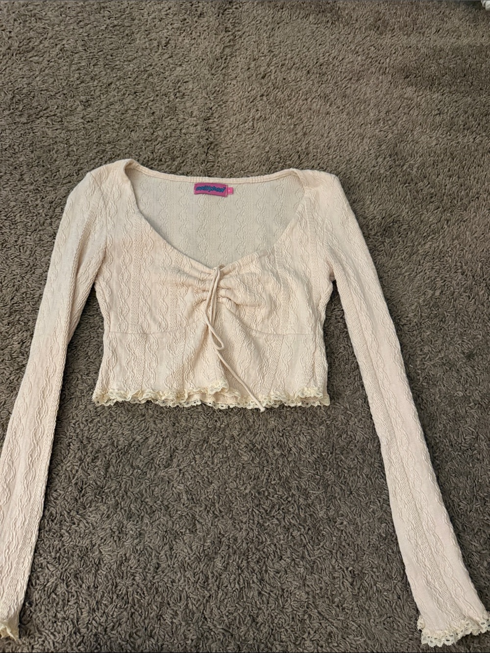 Edikted Cream Lace Cropped Tie-Front Long Sleeve Top